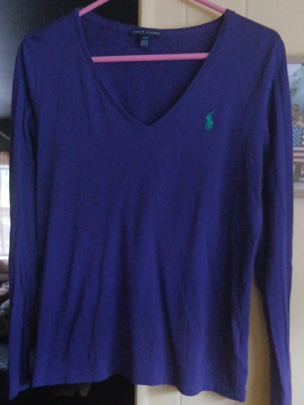 Ralph Lauren Purple V-Neck Long Sleeve Top with Green Pony Logo